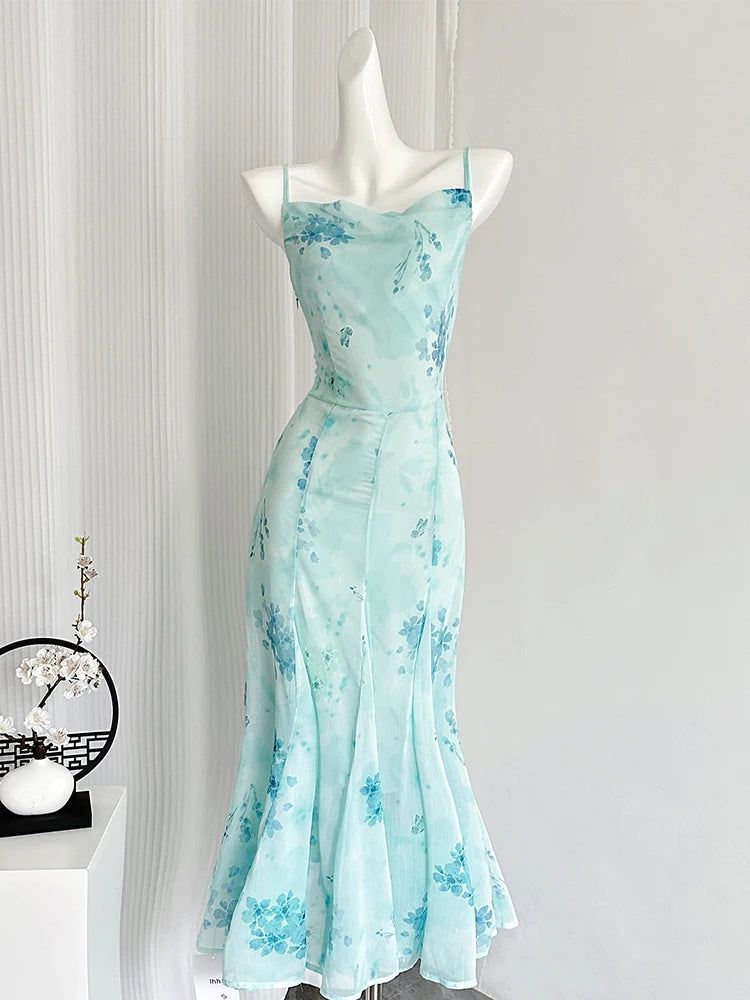Chic Mermaid Spaghetti Strap Chiffon Spring Formal Dress Long Prom Dresses N2672