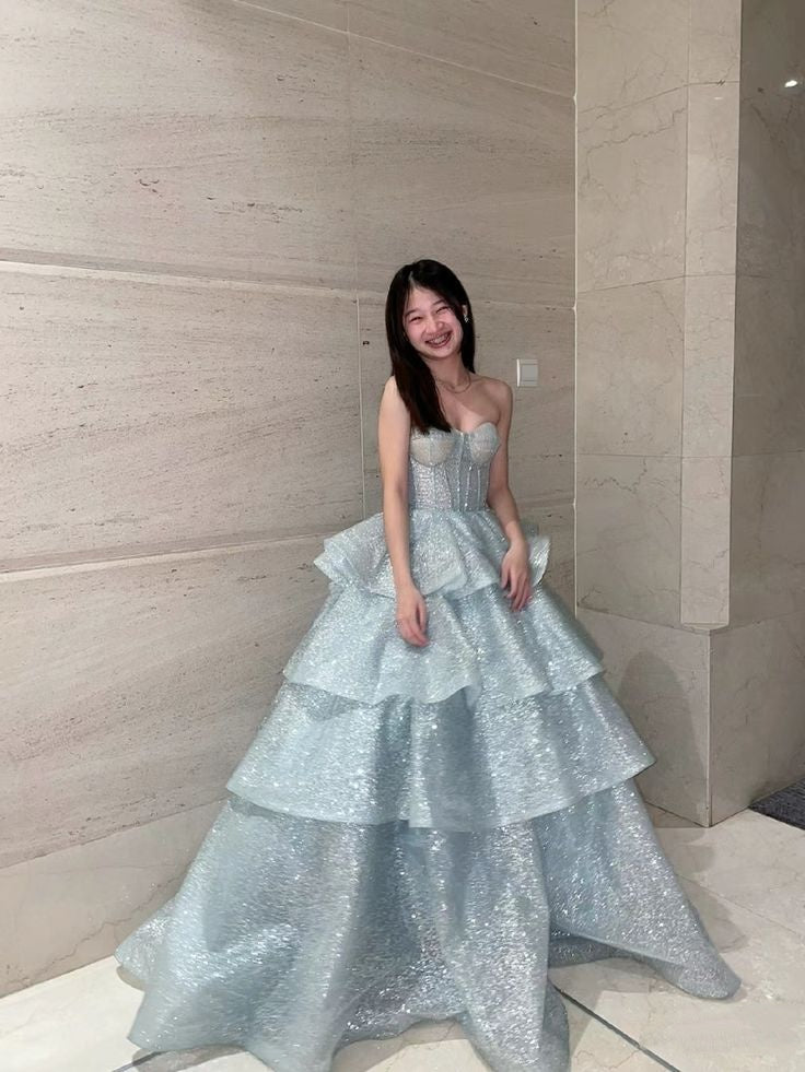 Chic Ball Gown Sweetheart Light Sky Blue Sequins Long Formal Fancy Prom Evening Dress Dinner Outfits Party Gowns For Teens AB2180