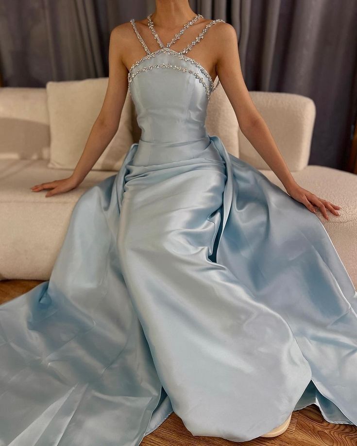 Modest Sheath Light Sky Blue Satin Halter Spring Formal Dress Long Prom Dresses N2682