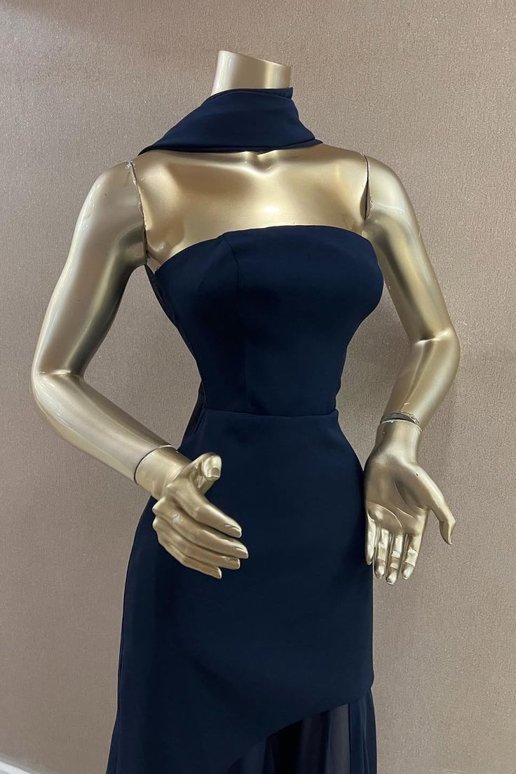 Elegant Mermaid Strapless Navy Blue With Scarf Winter Long Formal Ideas Prom Evening Dress Dinner Outfits Party Gowns For Women AB2024