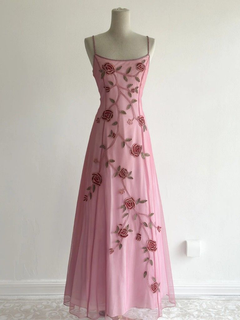 Vintage Y2K A line 2000s Pink Spaghetti Strap Chiffon With Beading Formal Dress 21st Birthday Prom Dresses N2760