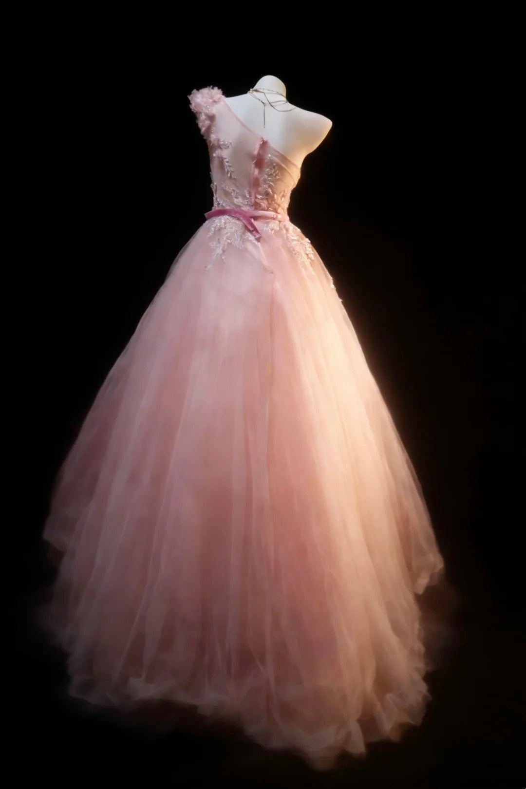 Pretty Prom Dresses Ball Gown One Shoulder Blush Pink Tulle With Appliques Long Formal Dress N2954