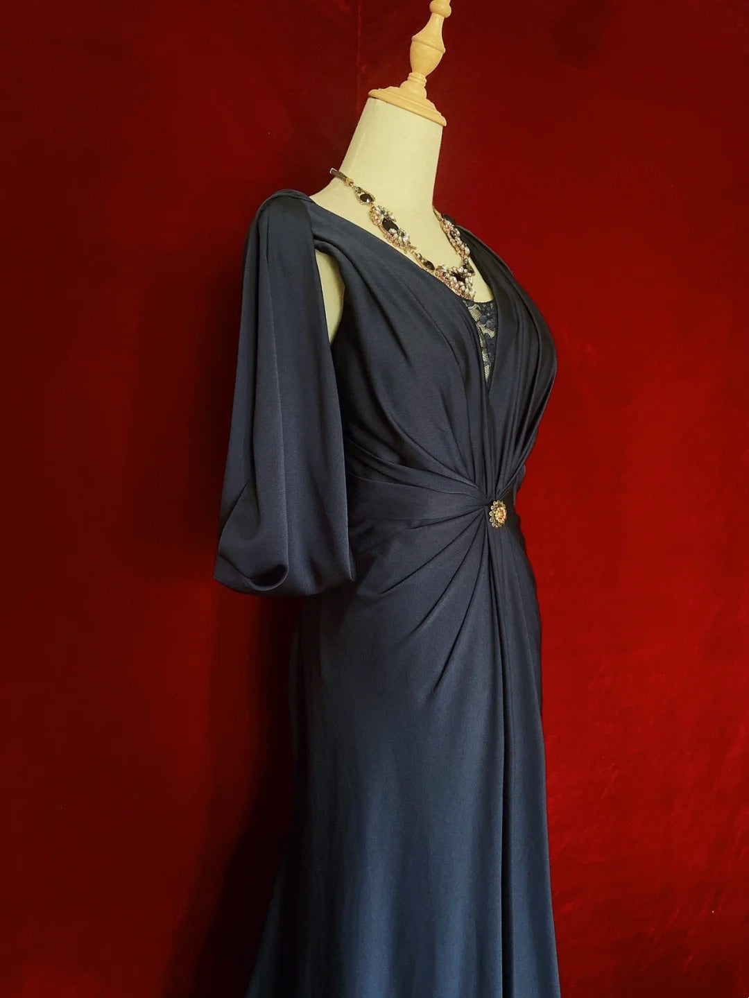 Vintage Prom Dresses 80s Mermaid V Neck Navy Blue Satin Floor Length Evening Outfits N3459
