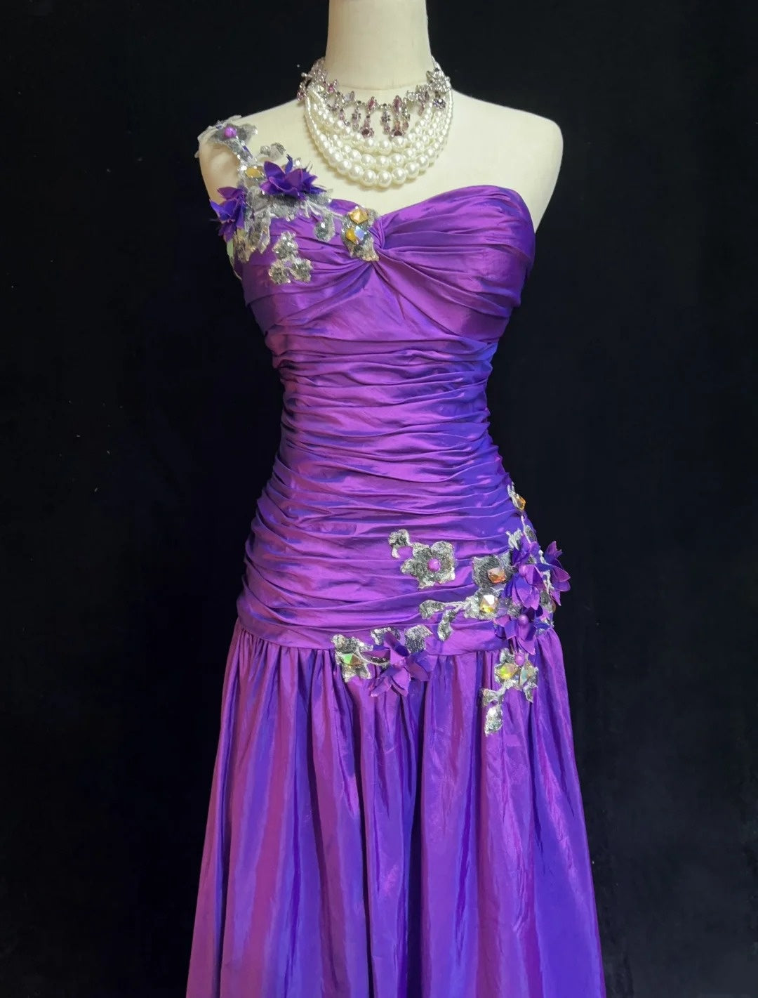 Vintage Prom Dresses Mermaid One Shoulder Grape Taffeta With Appliqued 90s Long Formal Gown N2895