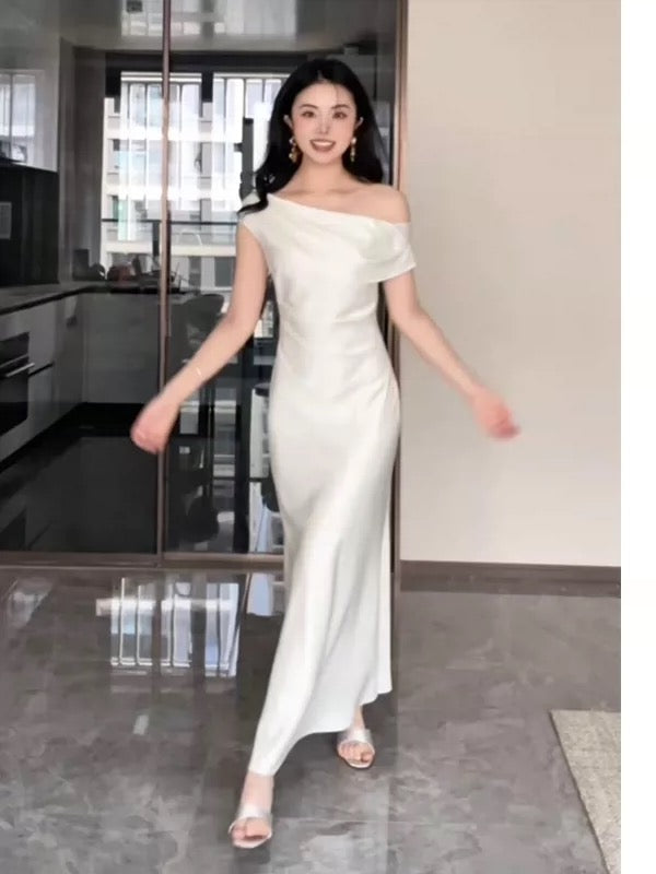Simple Mermaid Off The Shoulder White Long Prom Gown Party Wear Fashion Dresses N1822