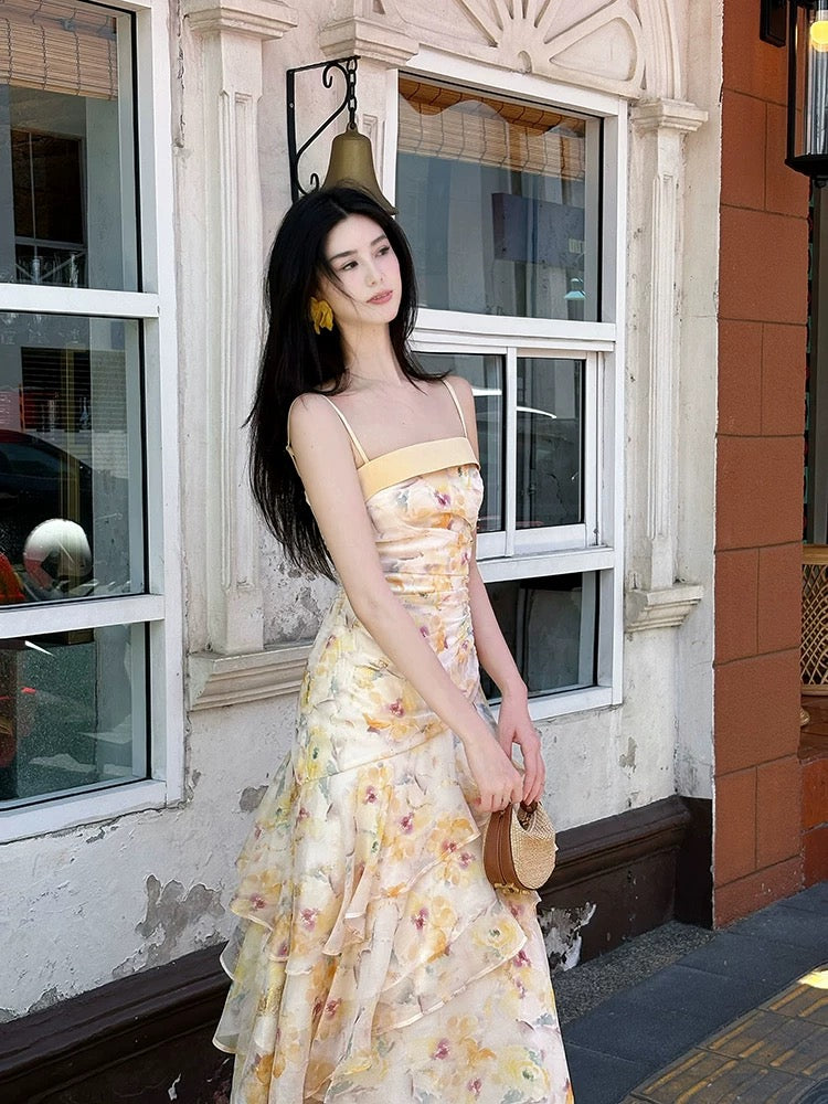 Modest French Style Mermaid Spaghetti Straps Yellow Floral Chiffon Fashion Women Long Formal Outfits Prom Dresses N2078