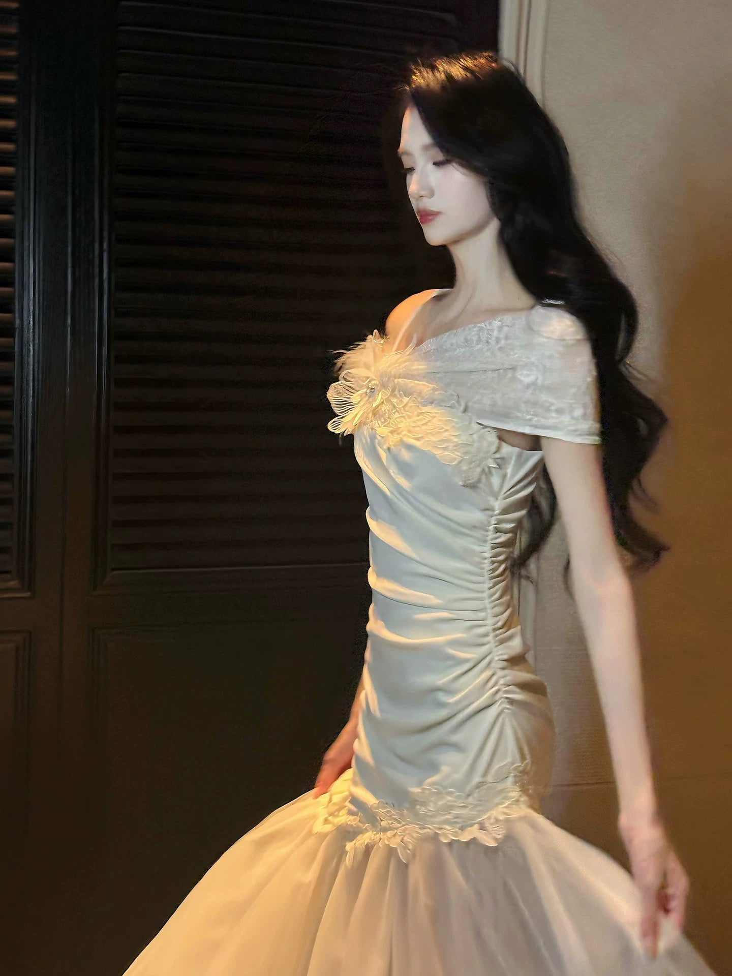 Modest French Style Mermaid White Lace Fashion Women Long Formal Outfits Prom Dresses N2110