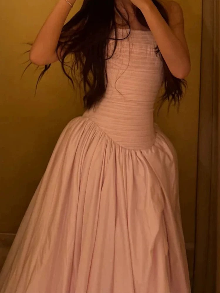 Simple Prom Dresses Ball Gown Strapless Pink Satin Sleeveless Women Formal Dress N3180