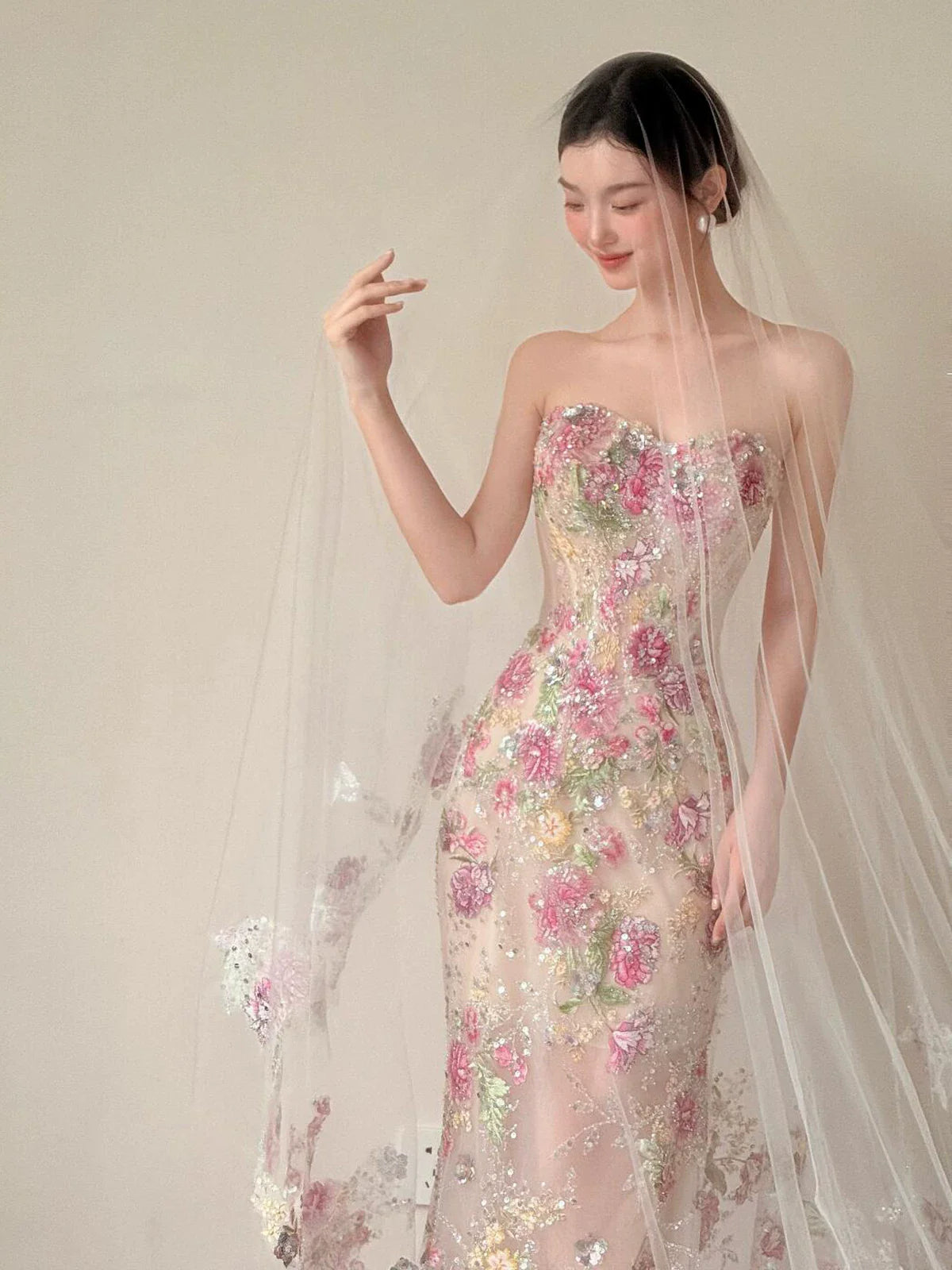 Classy Mermaid Strapless Floral Lace Long Formal Prom Dresses Dance Night Outfits Party Gowns AB2201