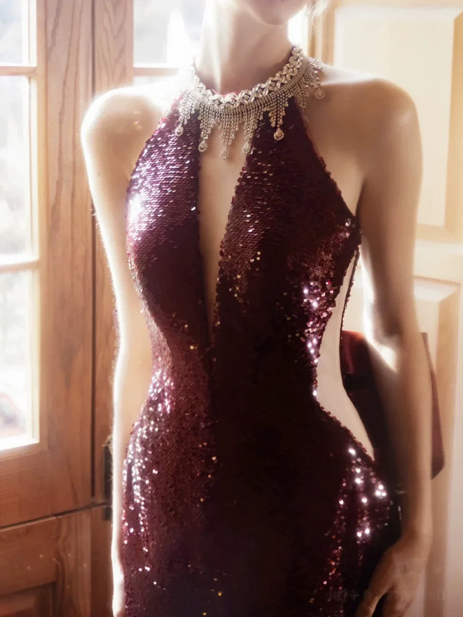 Modest Mermaid High Neck Sequins Burgundy Prom Dresses Inspiration Long Party Evening Dress 21st Birthday Outfits AB2293