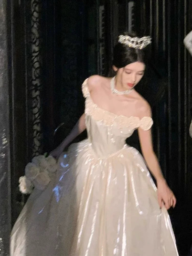 Princess Ball Gown Off The Shoulder Champagne Prom Dresses Inspiration Long Party Night Gowns 18th Birthday Outfits AB2231