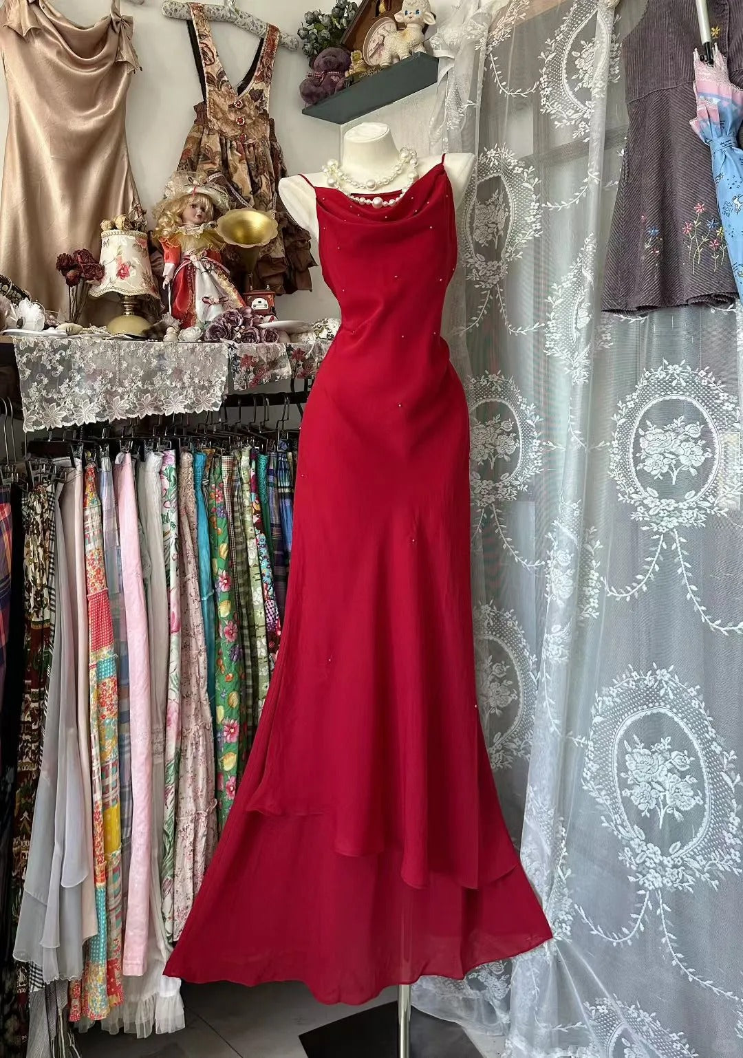 Vintage Mermaid Spaghetti Straps 80s Burgundy Chiffon Sleeveless Party Gowns Prom Dresses N1958