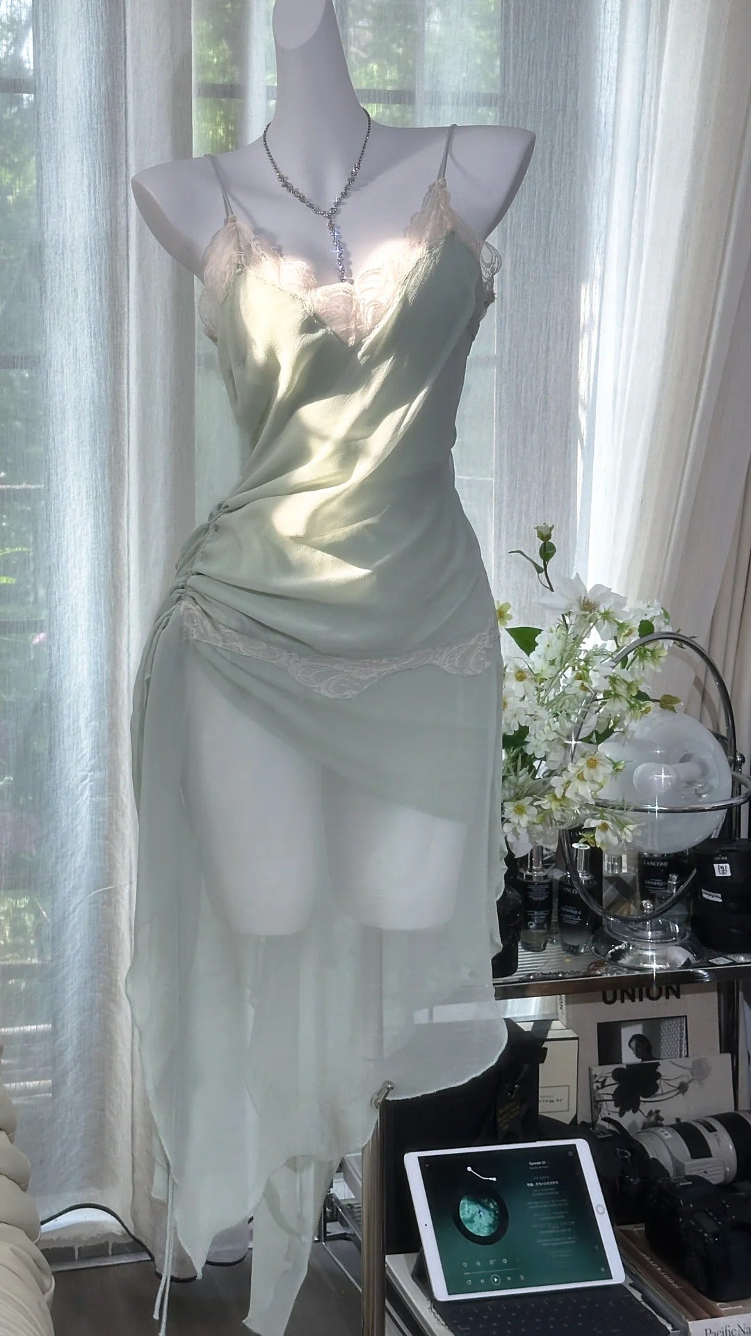 Charming Prom Dresses Mermaid Spaghetti Strap Chiffon Tea Length Evening Outfits N3560