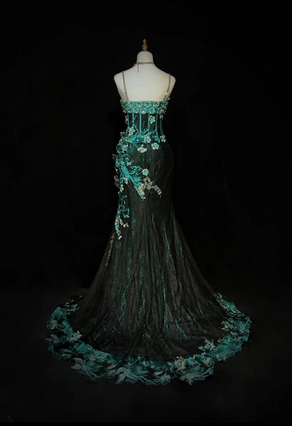 Vintage Prom Dresses Inspo Mermaid Spaghetti Strap Black Tulle Blue Lace With Beading For Women Formal Dress N3216