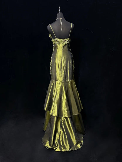 Vintage Mermaid 2000s Spaghetti Strap Olive Green Satin Formal Dress Long Prom Dresses N2575