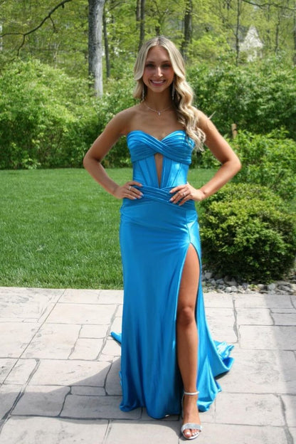 Modest Mermaid Prom Dresses For Women Sweetheart Blue Satin Party Gown 18th Birthday Gowns N1514