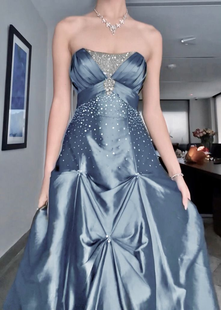 Vintage Ball Gown Strapless Blue Satin Taffeta 90s Prom Dresses Inspiration Party Dress Princess Graduation Dress AB1726