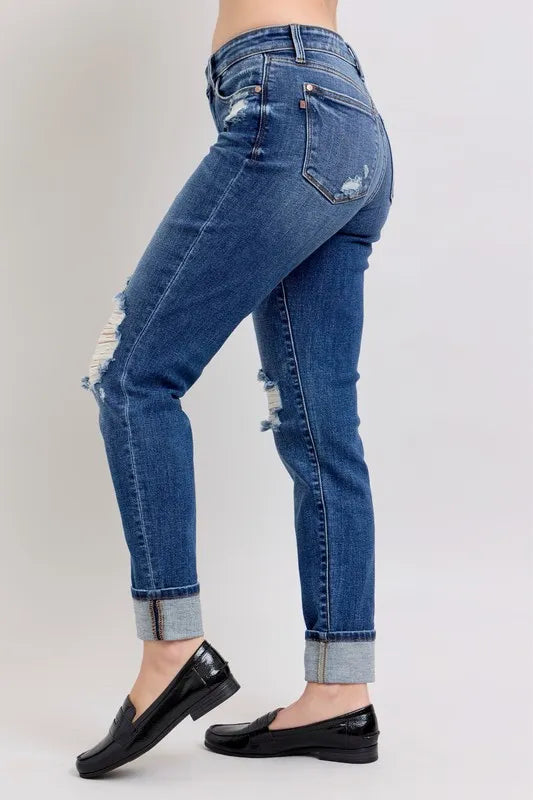 Full Size Mid Rise Boyfriend destroy Jeans with Yoke Pockets and Faux Selvedge Cuff Plus Size