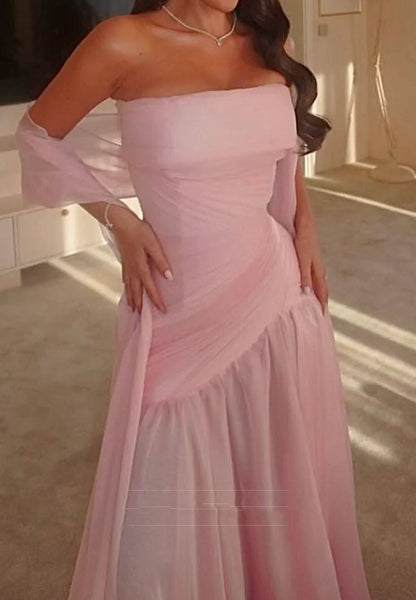 straight across sleeveless pleated a-line evening dress Prom Dress AB1913