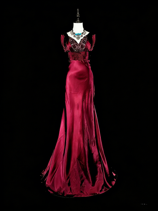 Vintage Mermaid V Neck Dark Red Burgundy Satin With Beadings Long Prom Gown Party Wear Fashion Dresses N1829