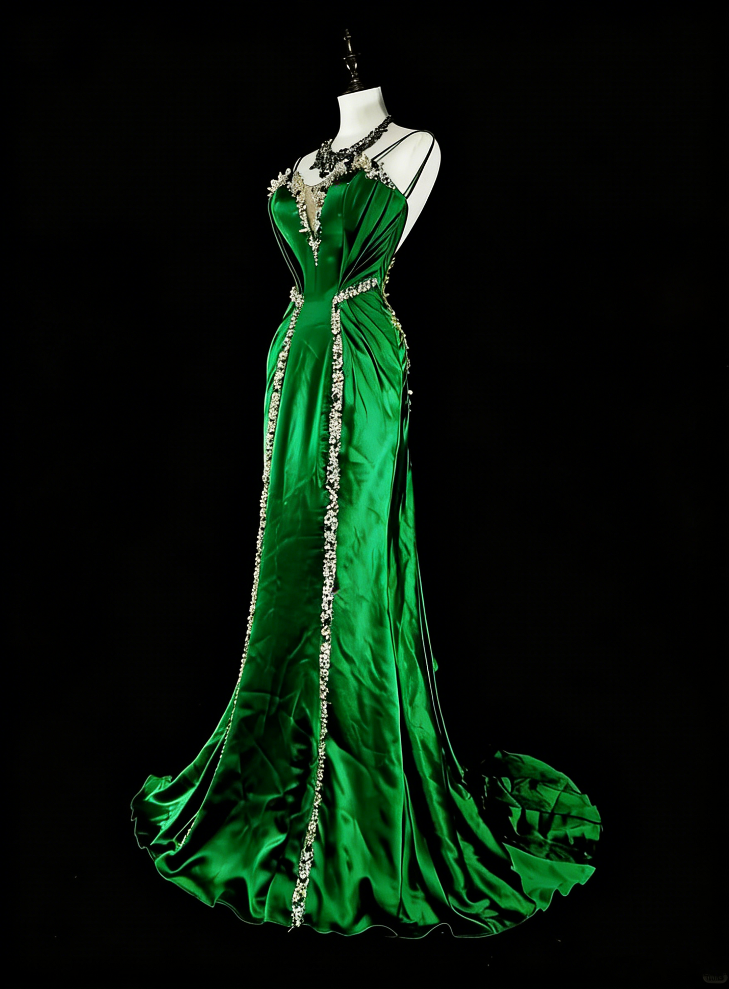 Vintage Mermaid Spaghetti Straps Green Satin Backless Long Gowns Formal 18th Birthday Party Prom Dresses N1750