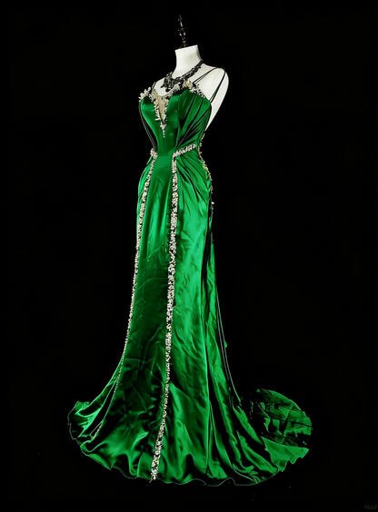 Vintage Mermaid Spaghetti Straps Green Satin Backless Long Gowns Formal 18th Birthday Party Prom Dresses N1750
