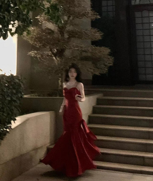 Romantic Mermaid Spaghetti Strap Burgundy Satin With Pleated Formal Dress Long Prom Dresses N2824