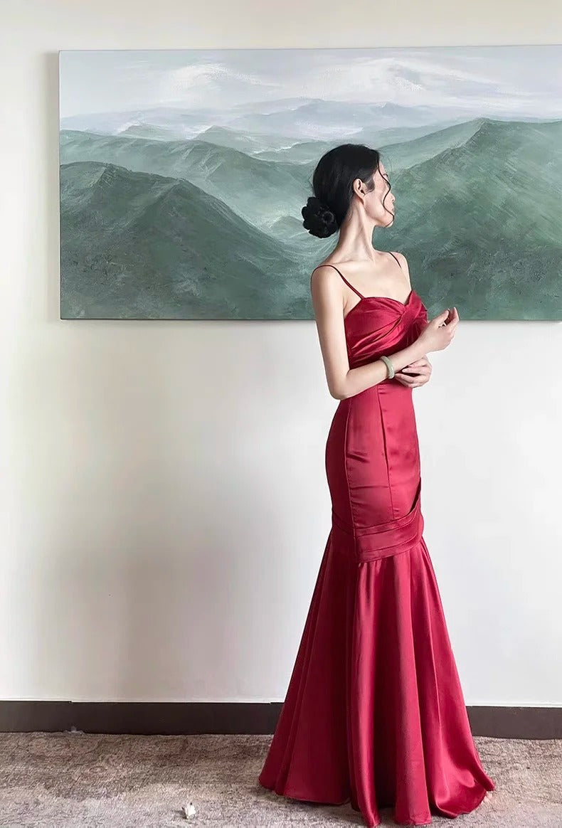 Romantic Mermaid Spaghetti Strap Burgundy Satin With Pleated Formal Dress Long Prom Dresses N2824