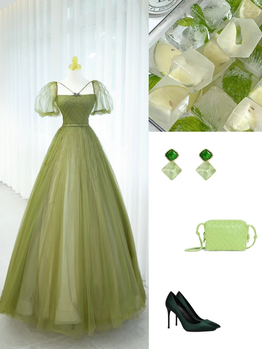 Elegant Ball Gown Green Square Neck Tulle Long Formal Dress 18th Birthday Prom Dresses N2853