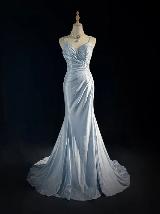 Modest Prom Dresses Mermaid Spaghetti Strap Light Sky Blue With Applique Formal Outfits N3690
