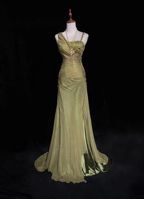 Vintage Prom Dresses Mermaid Olive Green Chiffon With Beading Formal Evening Outfits N3854