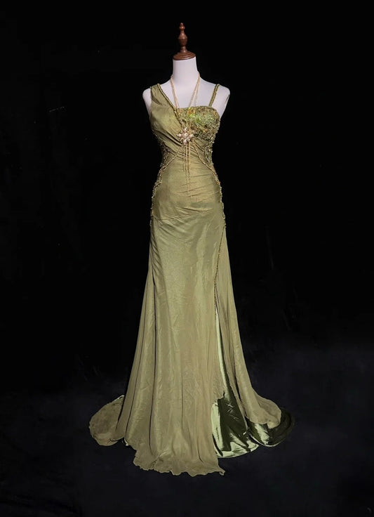Vintage Prom Dresses Mermaid Olive Green Chiffon With Beading Formal Evening Outfits N3854