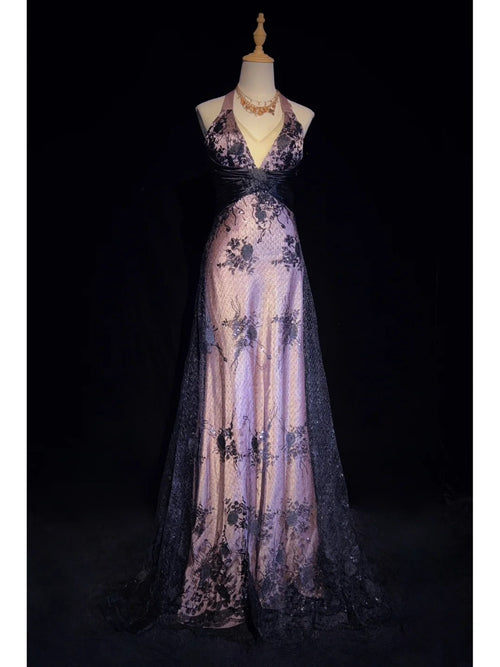 Vintage Prom Dresses Inspo A line Halter Pink Satin Black Lace With Backless For Women Formal Dress N3254