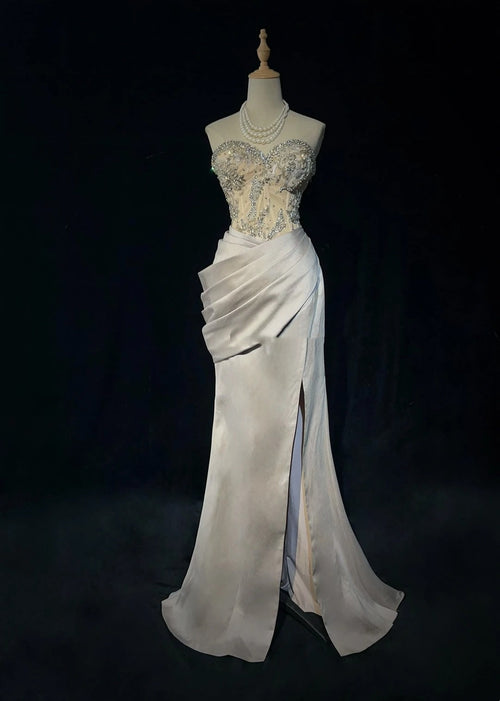 Vintage Prom Dresses 80s Mermaid Sweetheart Silver Grey With Beading Semi Formal Evening Outfits N3638