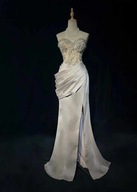 Vintage Prom Dresses 80s Mermaid Sweetheart Silver Grey With Beading Semi Formal Evening Outfits N3638
