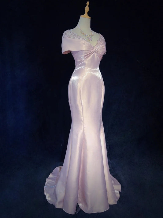 Vintage Prom Dresses Inspo Mermaid Off The Shoulder Pink Satin 80s With Lace Formal Gowns N3374