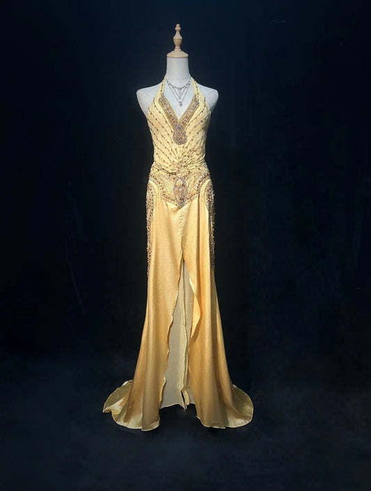 Modest Senior Prom Dresses High Schools Inspiration A Line Halter Yellow Semi Formal Grad Long Prom Dresses For Teens AB2153