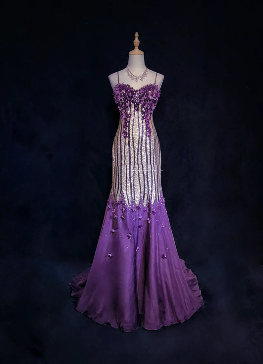 Glitter Prom Dresses Mermaid Spaghetti Strap Purple Chiffon With Flowers Long Formal Evening Dress N3893