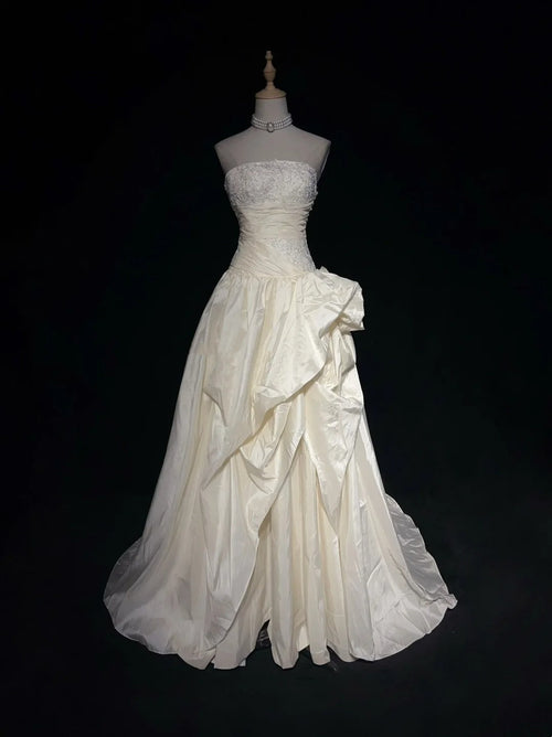 Vintage Prom Dresses 80s Ball Gown Light Champagne Strapless With Lace Evening Outfits N3470