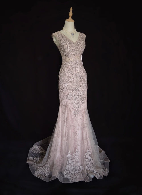 Vintage Prom Dresses Mermaid V Neck Pink Lace 80s Long Formal Evening Outfits N3875