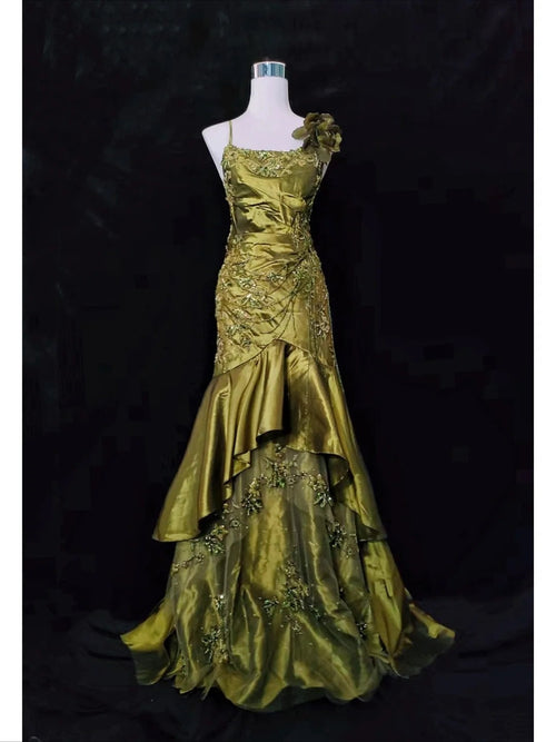 Vintage Classy Prom Dresses Mermaid Spaghetti Strap Olive Green Satin With Lace Beading Evening Long Dress N3294