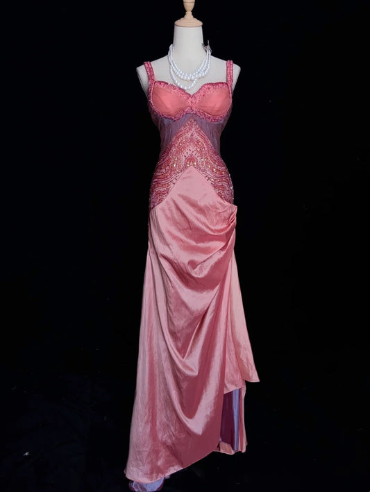 Vintage Prom Dresses 80s Mermaid Sweetheart Pink Chiffon With Beading Semi Formal Evening Outfits N3635