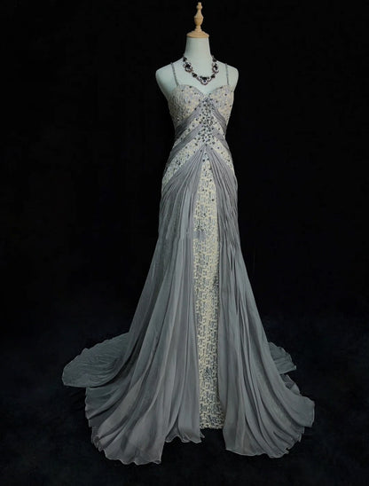 Vintage Prom Dresses Inspo Mermaid Spaghetti Strap Grey Lace 90s With Lace Sequined Formal Gowns N3348