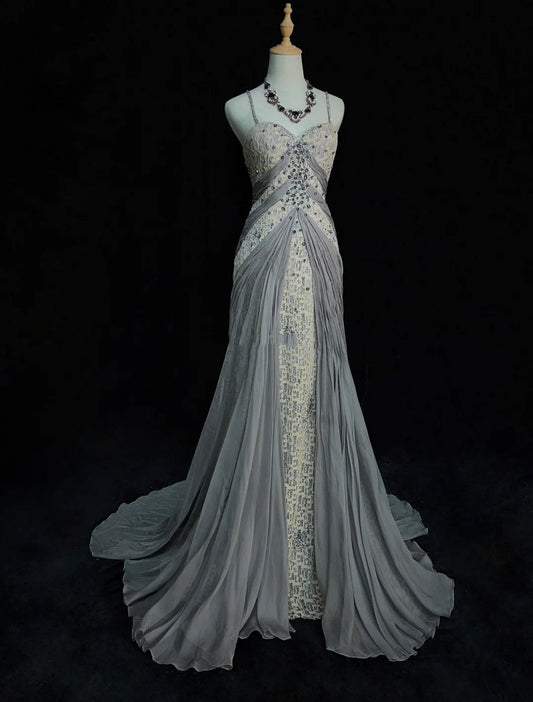 Vintage Prom Dresses Inspo Mermaid Spaghetti Strap Grey Lace 90s With Lace Sequined Formal Gowns N3348