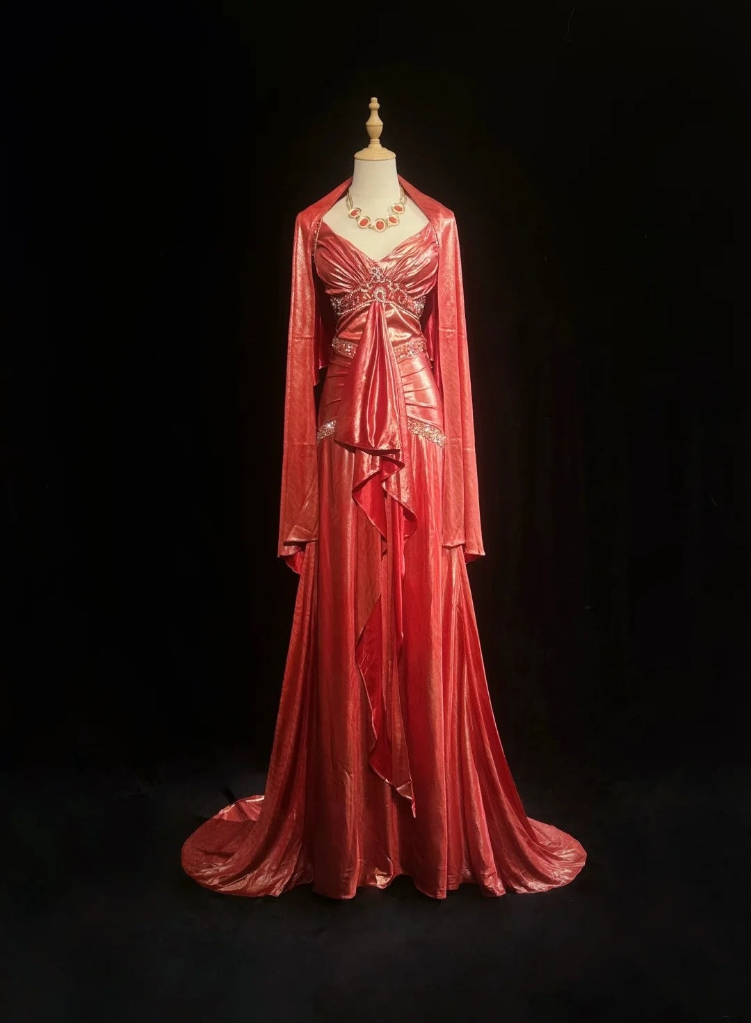 Classy A line Straps Coral With Beading Folds Sleeveless Long Formal Dress Gown With Cape Prom Dresses N2448