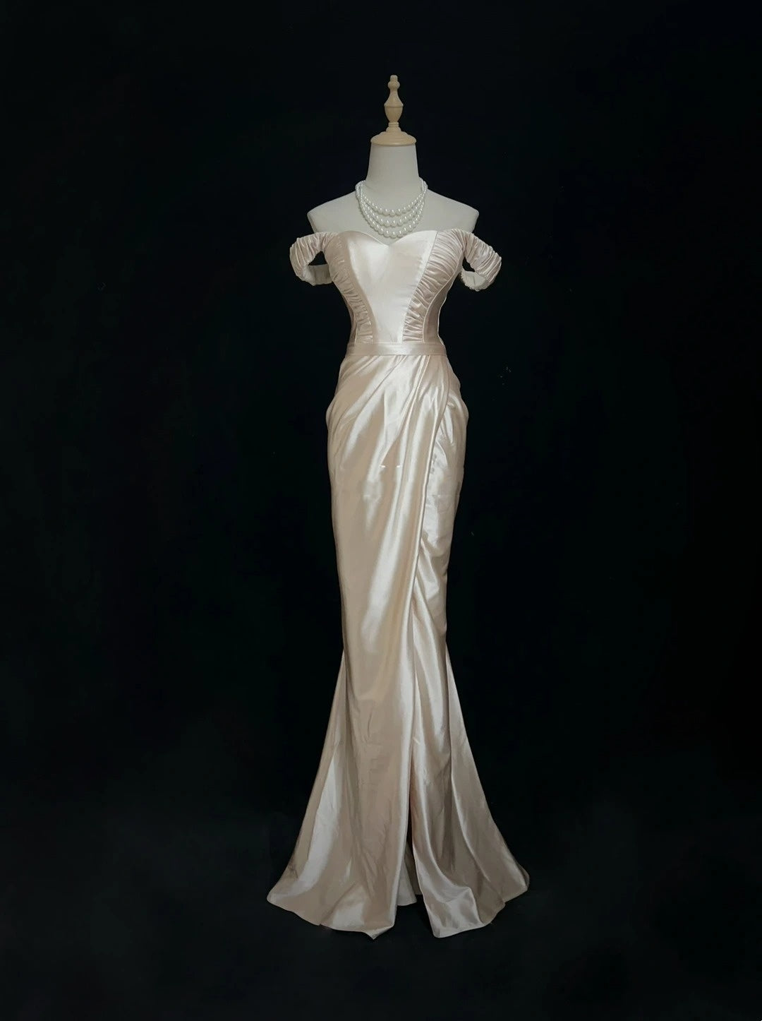 Vintage 90s Prom Dresses Mermaid Off The Shoulder Champagne Satin Long Prom Gown N3010