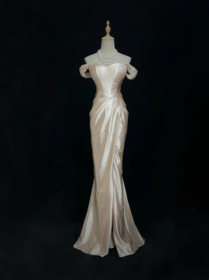 Vintage 90s Prom Dresses Mermaid Off The Shoulder Champagne Satin Long Prom Gown N3010