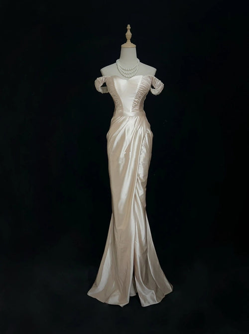 Vintage 90s Prom Dresses Mermaid Off The Shoulder Champagne Satin Long Prom Gown N3010