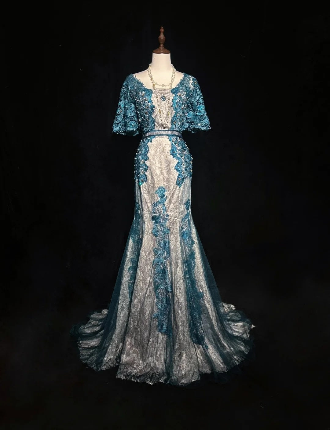 Vintage Prom Dresses Inspo Mermaid Lace Blue Tulle Lace 80s With Appliqued Formal Gowns N3366