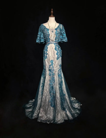 Vintage Prom Dresses Inspo Mermaid Lace Blue Tulle Lace 80s With Appliqued Formal Gowns N3366